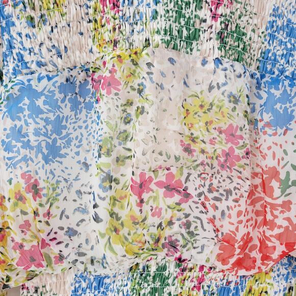 AQUA Womens‎ Dress S Cream Blue Floral Smocked Ruffle Trim Long Sleeve Mini - Picture 11 of 14